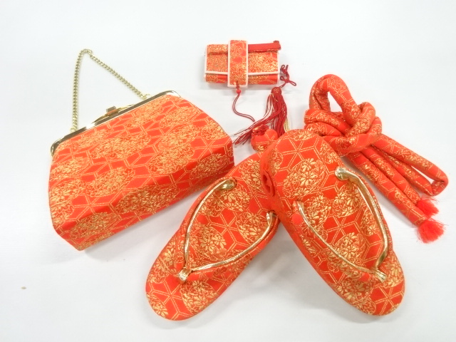 アンティーク　亀甲に花丸文様織出し七五三セット（草履18センチ）